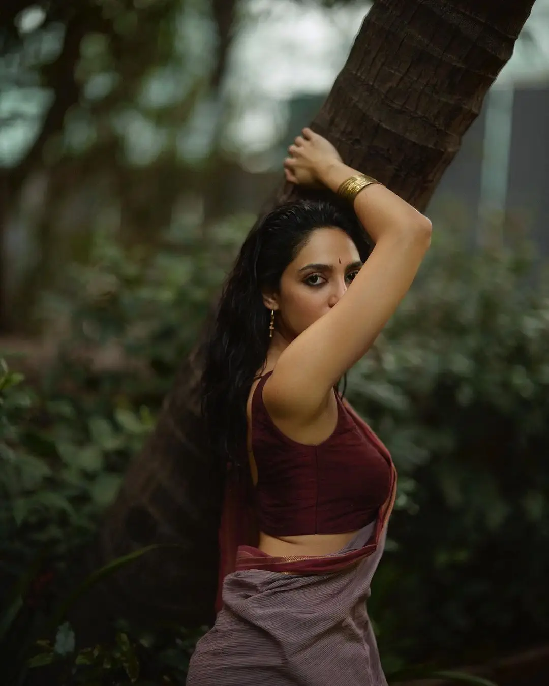 Sobhita Dhulipala in Violet Saree Sleeveless Maroon Blouse